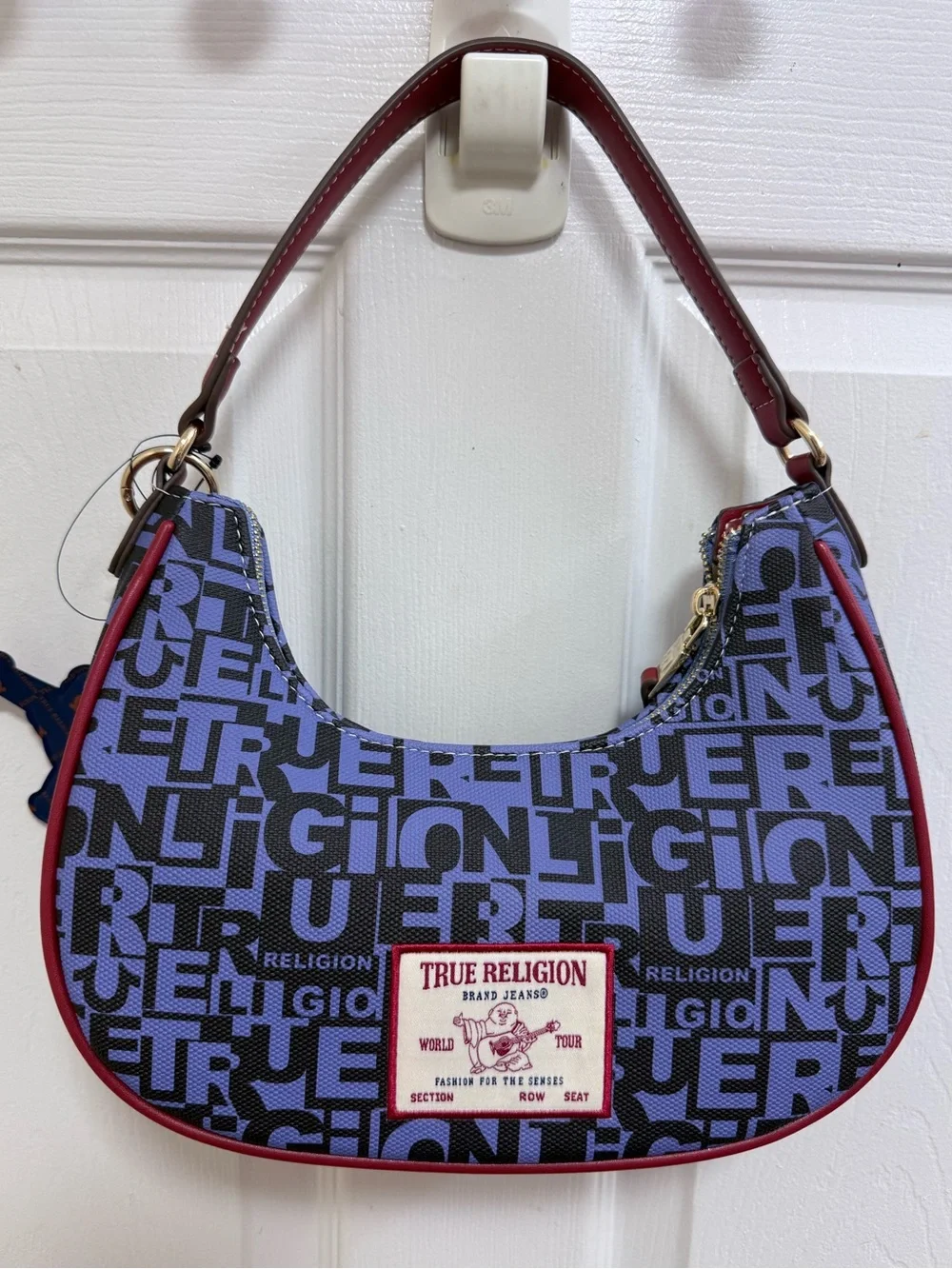 True Religion Graphic Horseshoe Hobo Bag in Blue and Red w/Buddha Charm
